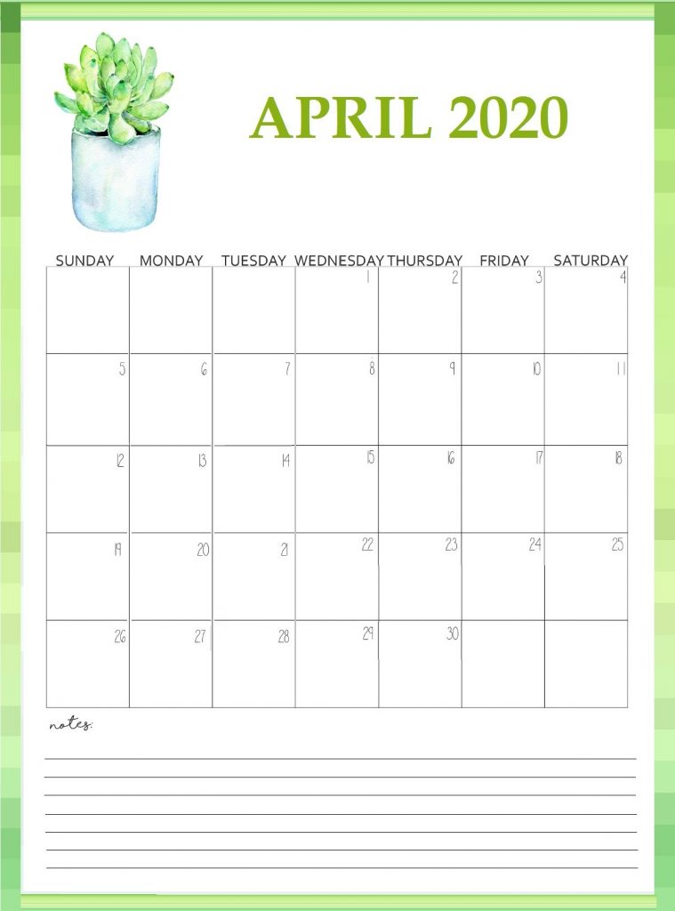 Printable April 2020 Wall Calendar