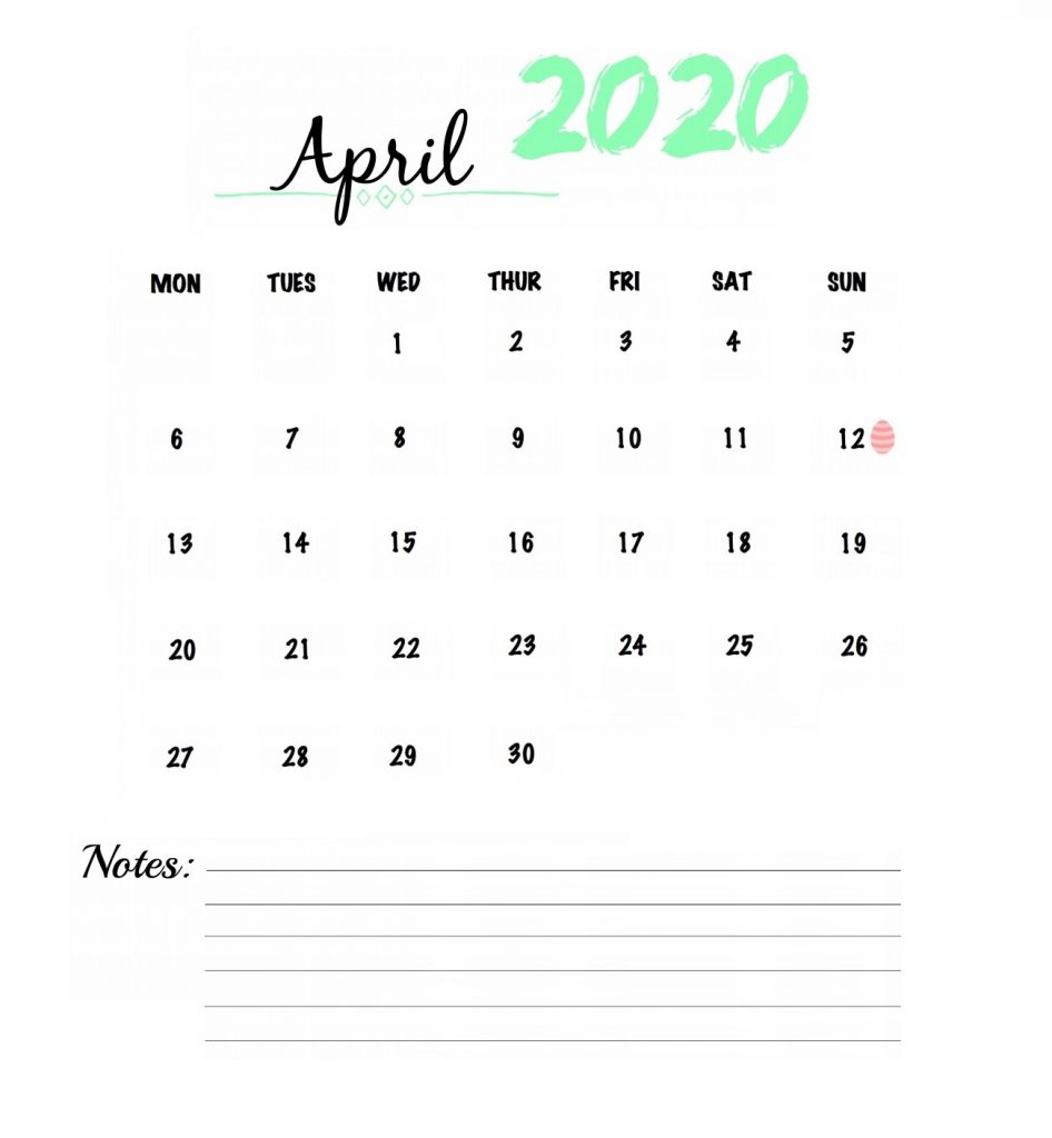 Watercolor April 2020 Calendar