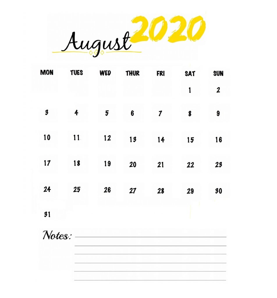 Watercolor August 2020 Calendar
