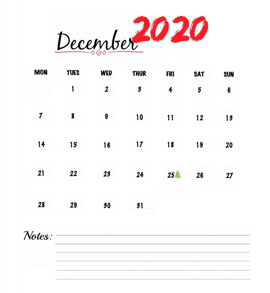 Watercolor December 2020 Calendar