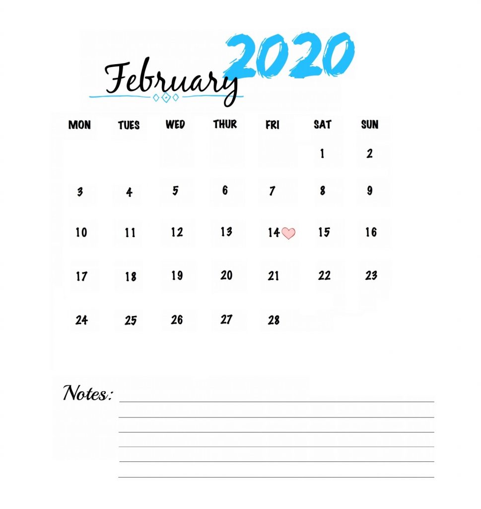 Watercolor February 2020 Calendar