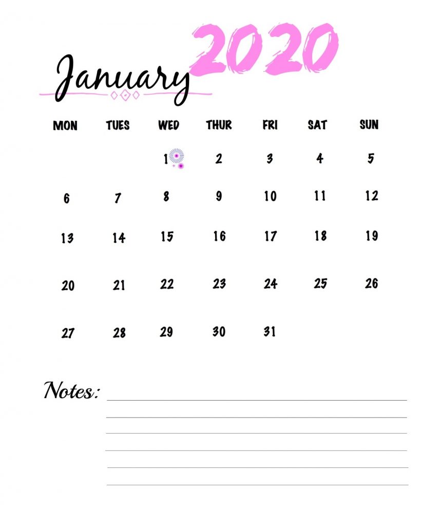 Watercolor January 2020 Calendar