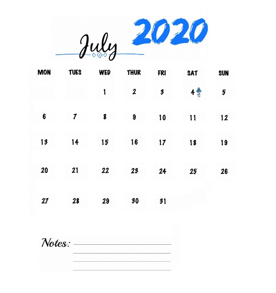 Watercolor July 2020 Calendar