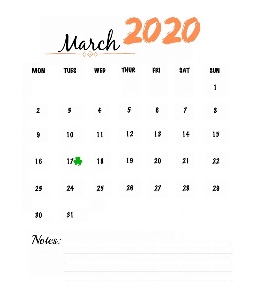 Watercolor March 2020 Calendar