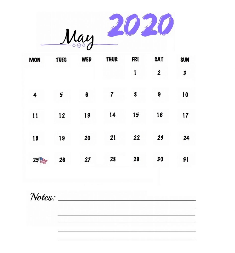 Watercolor May 2020 Calendar