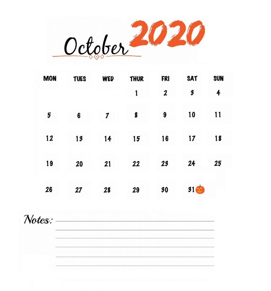 Watercolor October 2020 Calendar