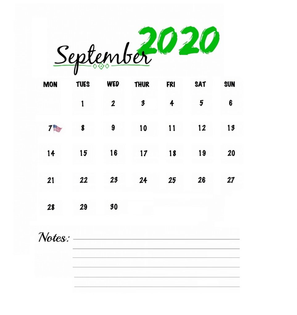 Watercolor September 2020 Calendar