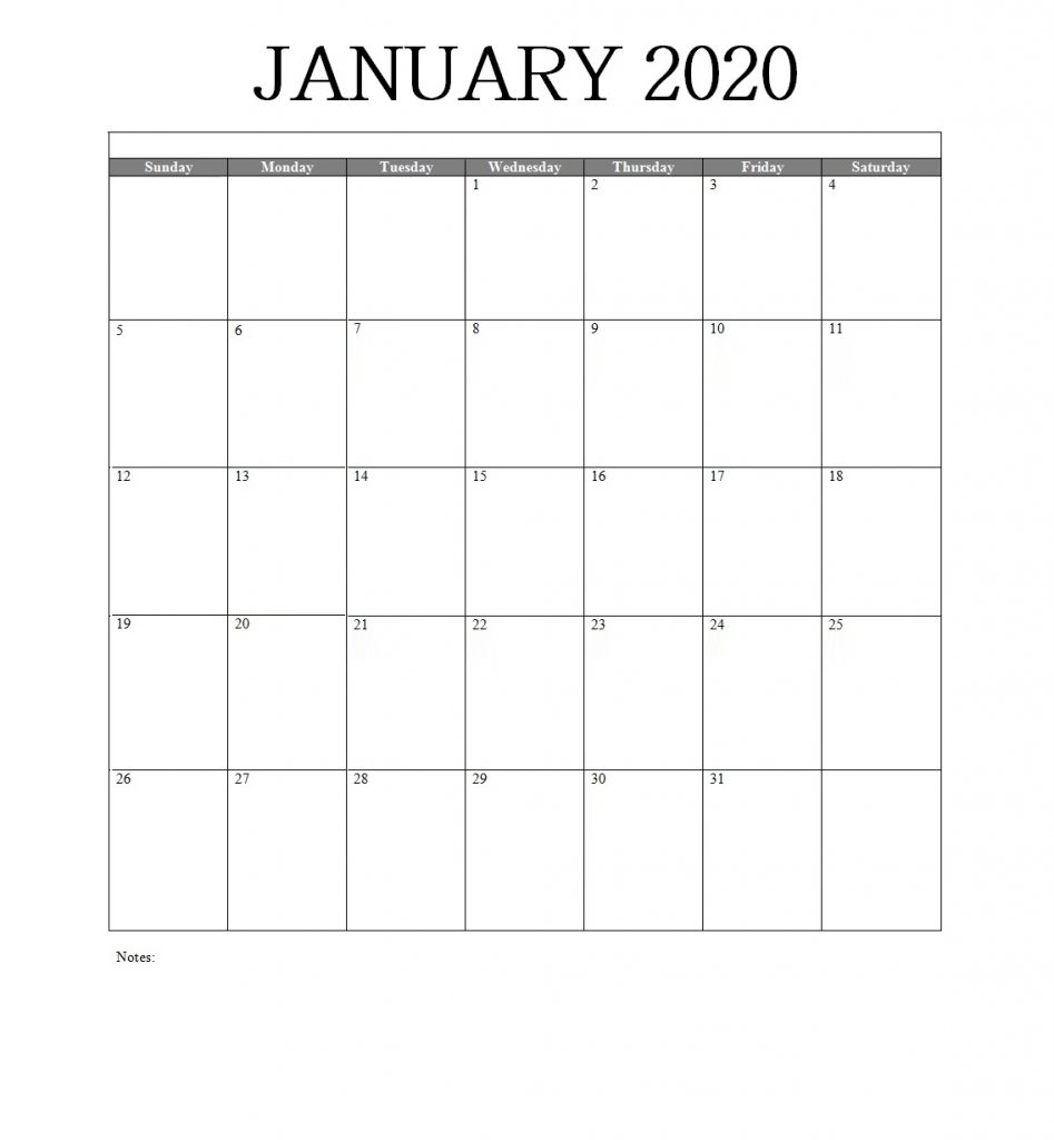 Blank January 2020 Calendar Word