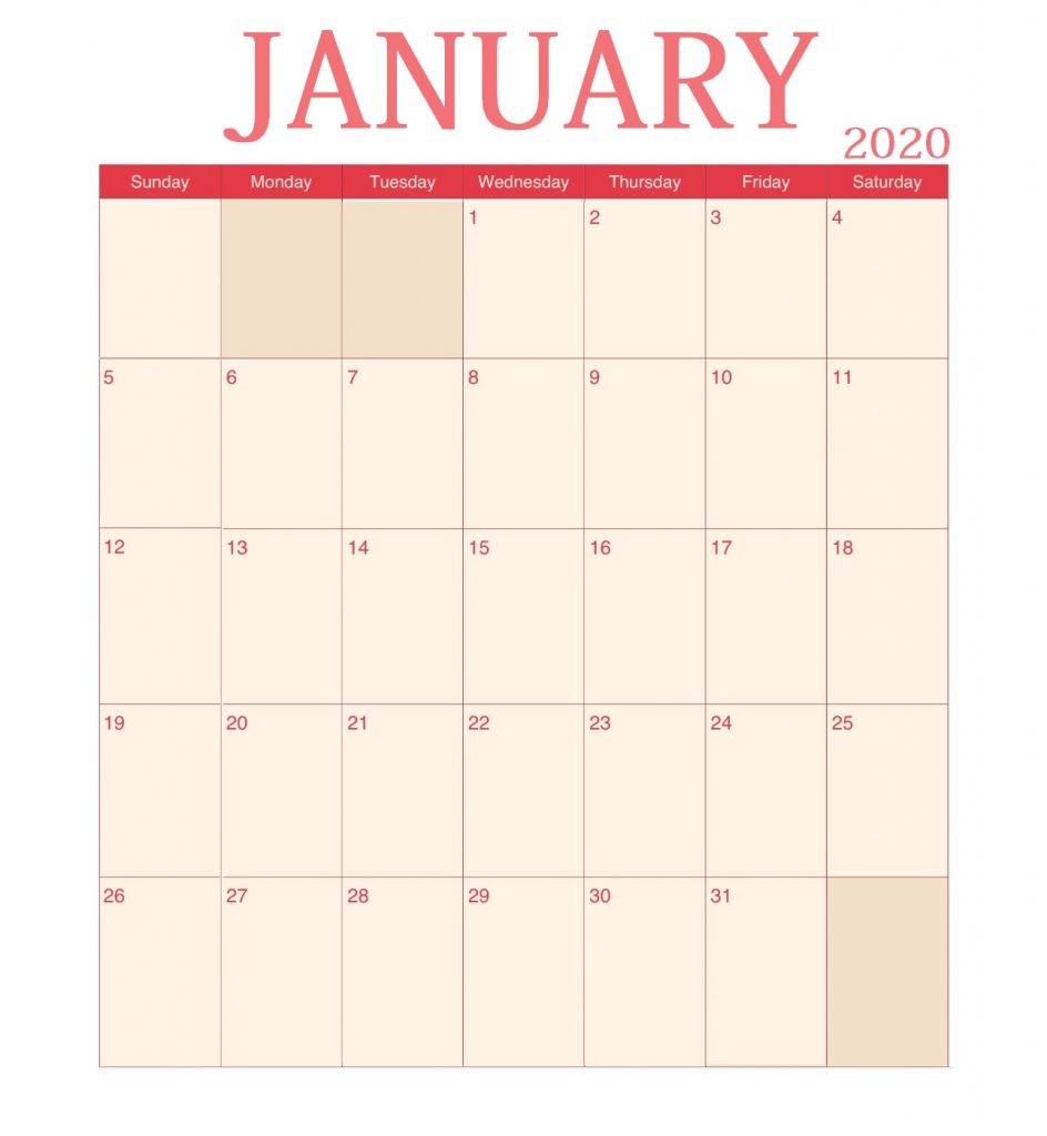 Blank January 2020 Wall Calendar
