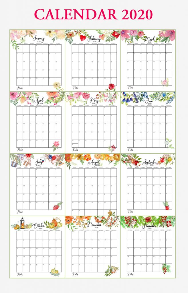 Floral 2020 Yearly Calendar