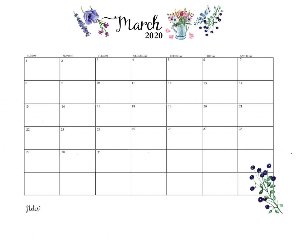 Free March 2020 Calendar Cute