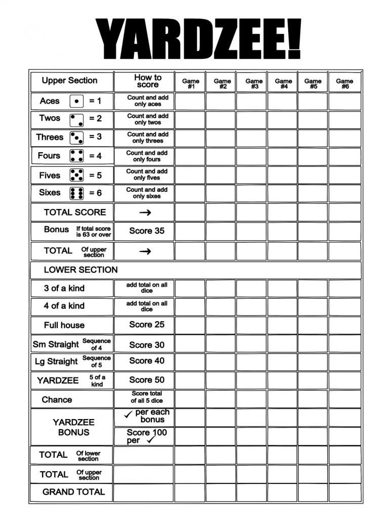 Free Printable Yard Yahtzee Score Sheets