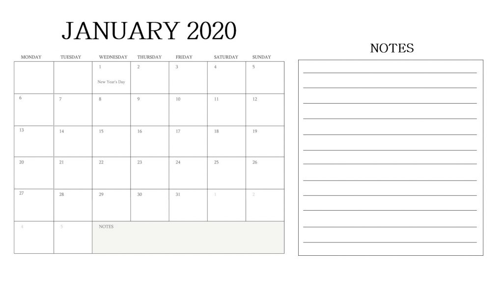 January 2020 Blank Calendar With Notes