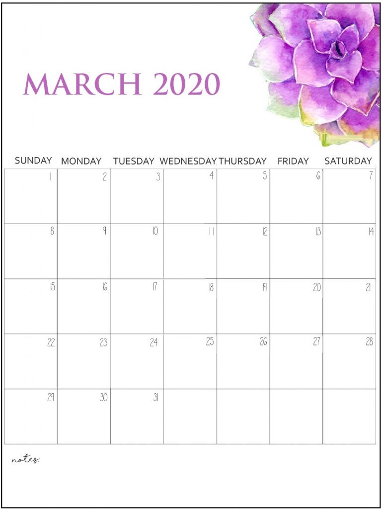 Latest March 2020 Cute Calendar