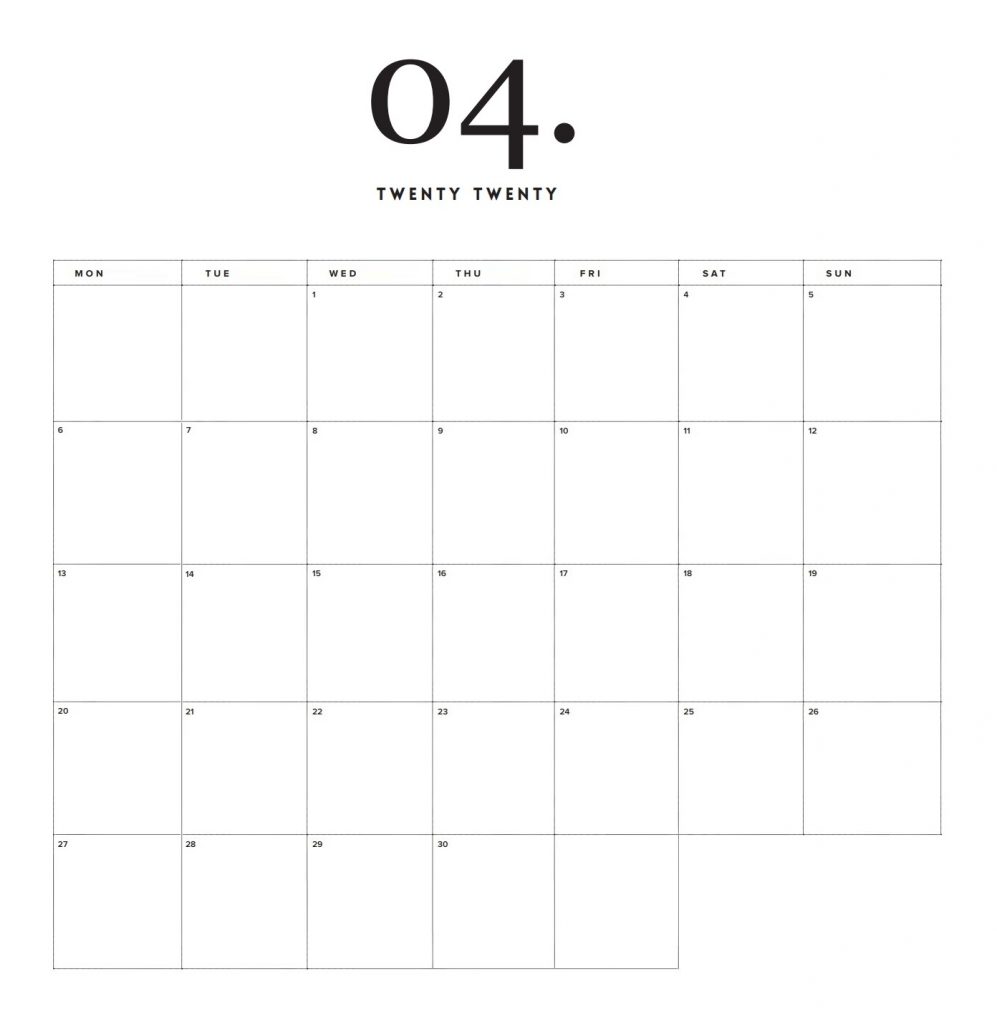 Modern Minimal April 2020 Calendar