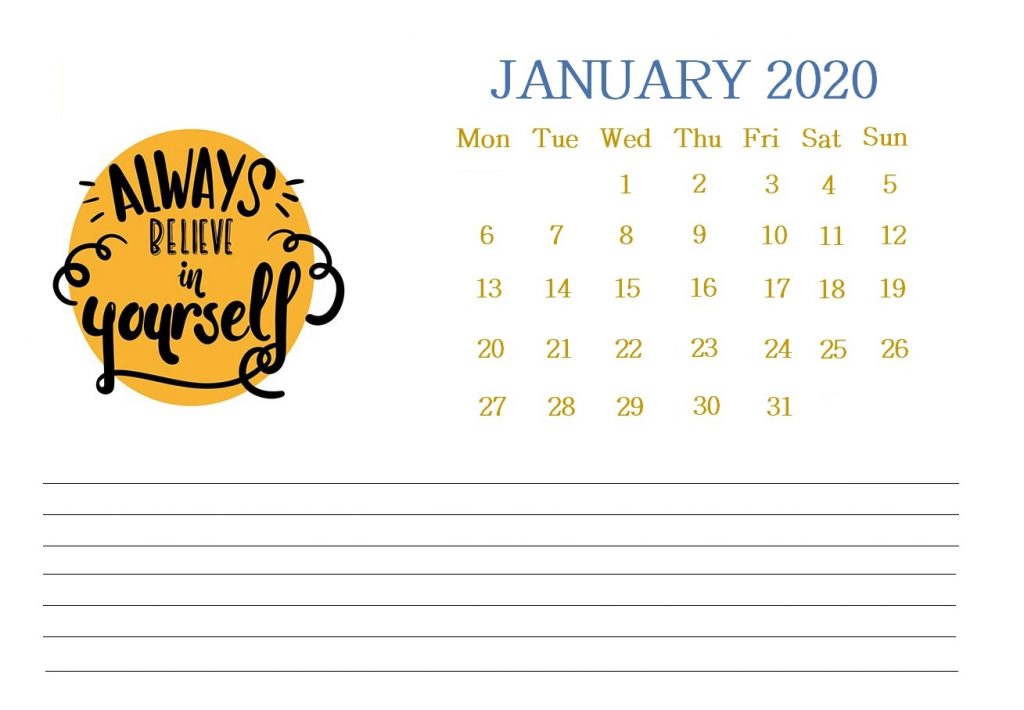 Printable January 2020 Quotes Calendar