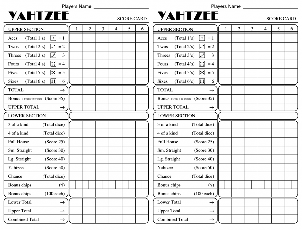 printable yahtzee score sheets card