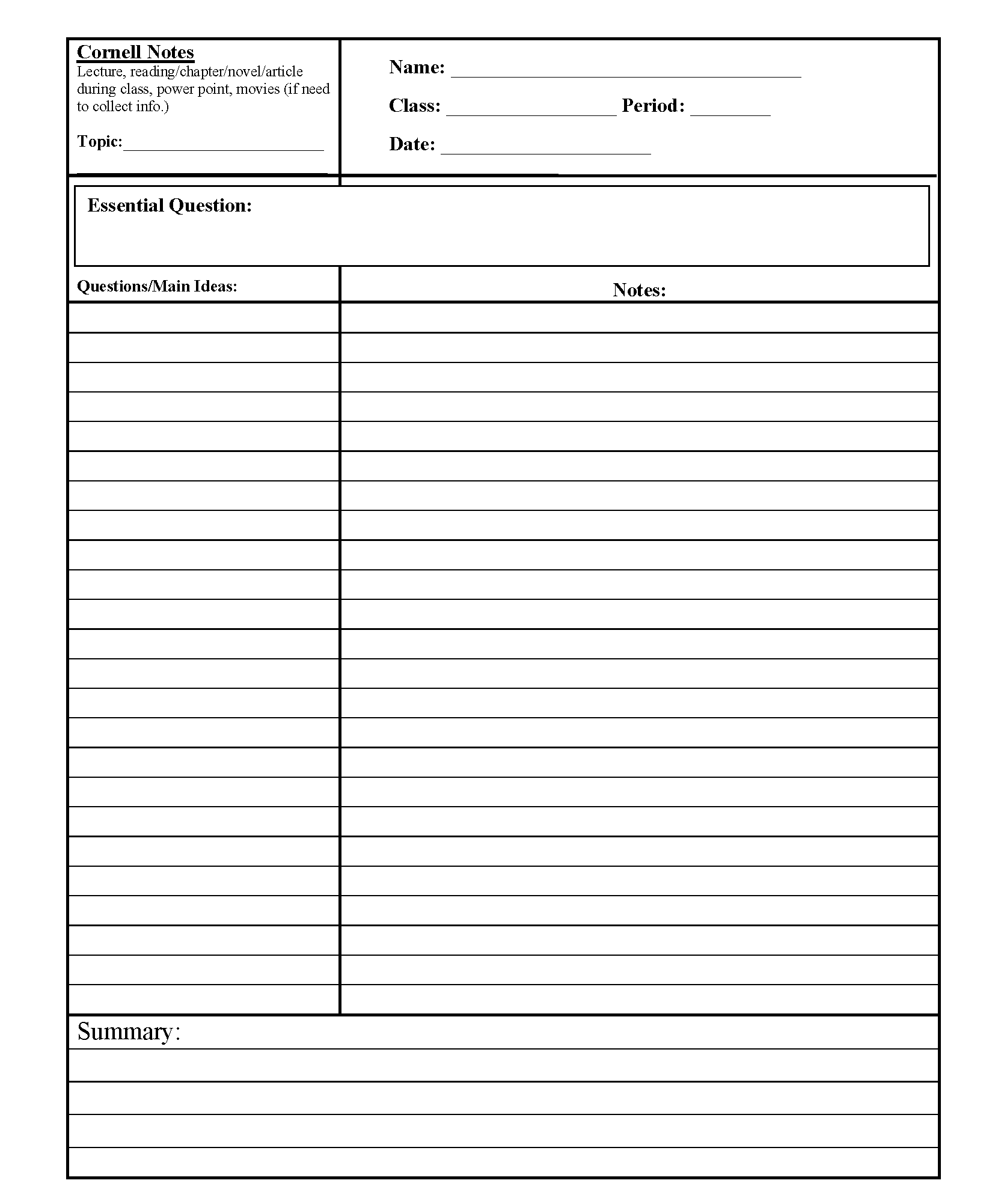Blank Cornell Notes Template Notes Word Doc