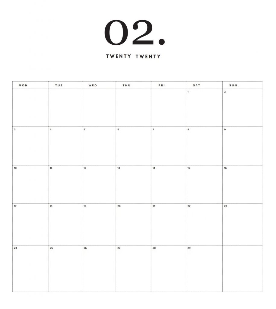 Blank February 2020 Office Wall Calendar