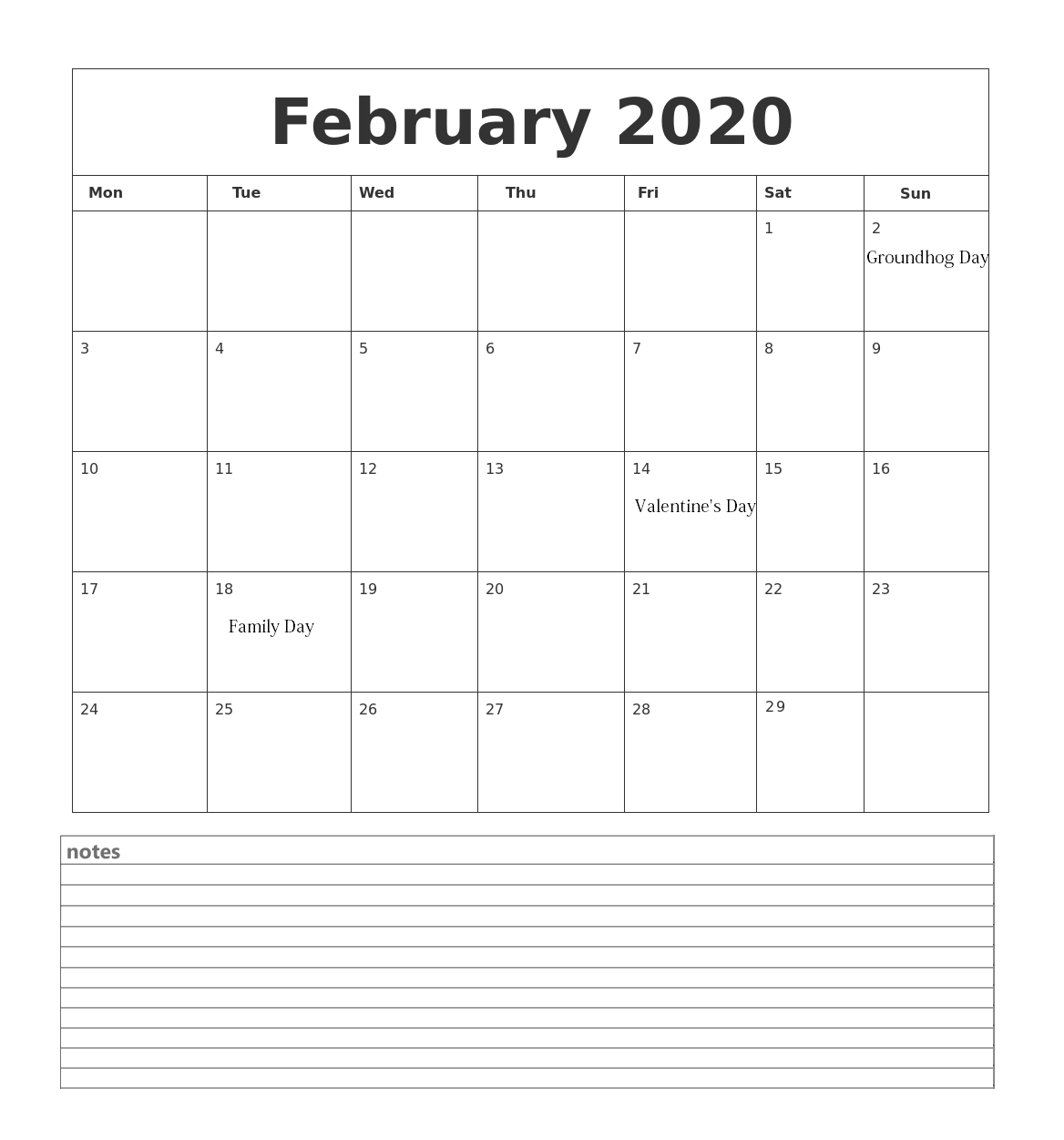 Customized February 2020 Calendar