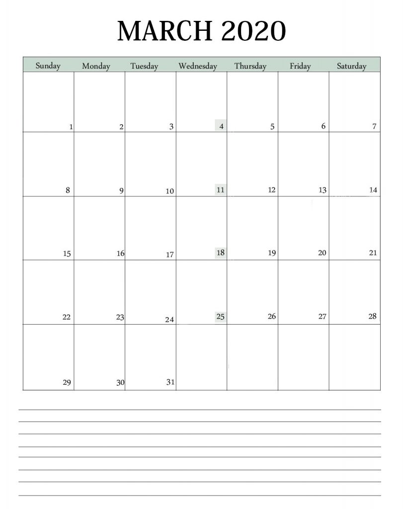 Customized March 2020 Calendar