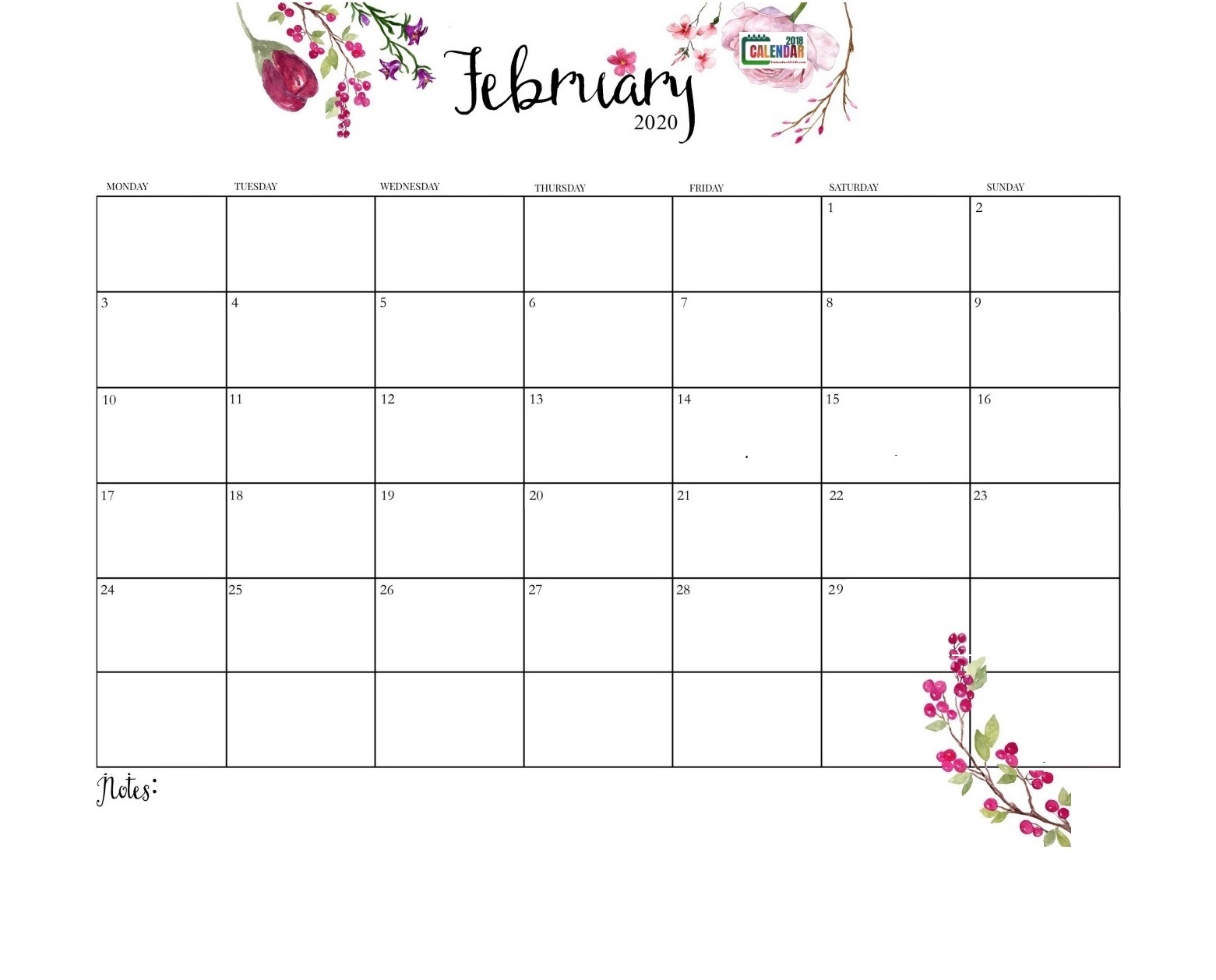 Cute February 2020 Floral Calendar