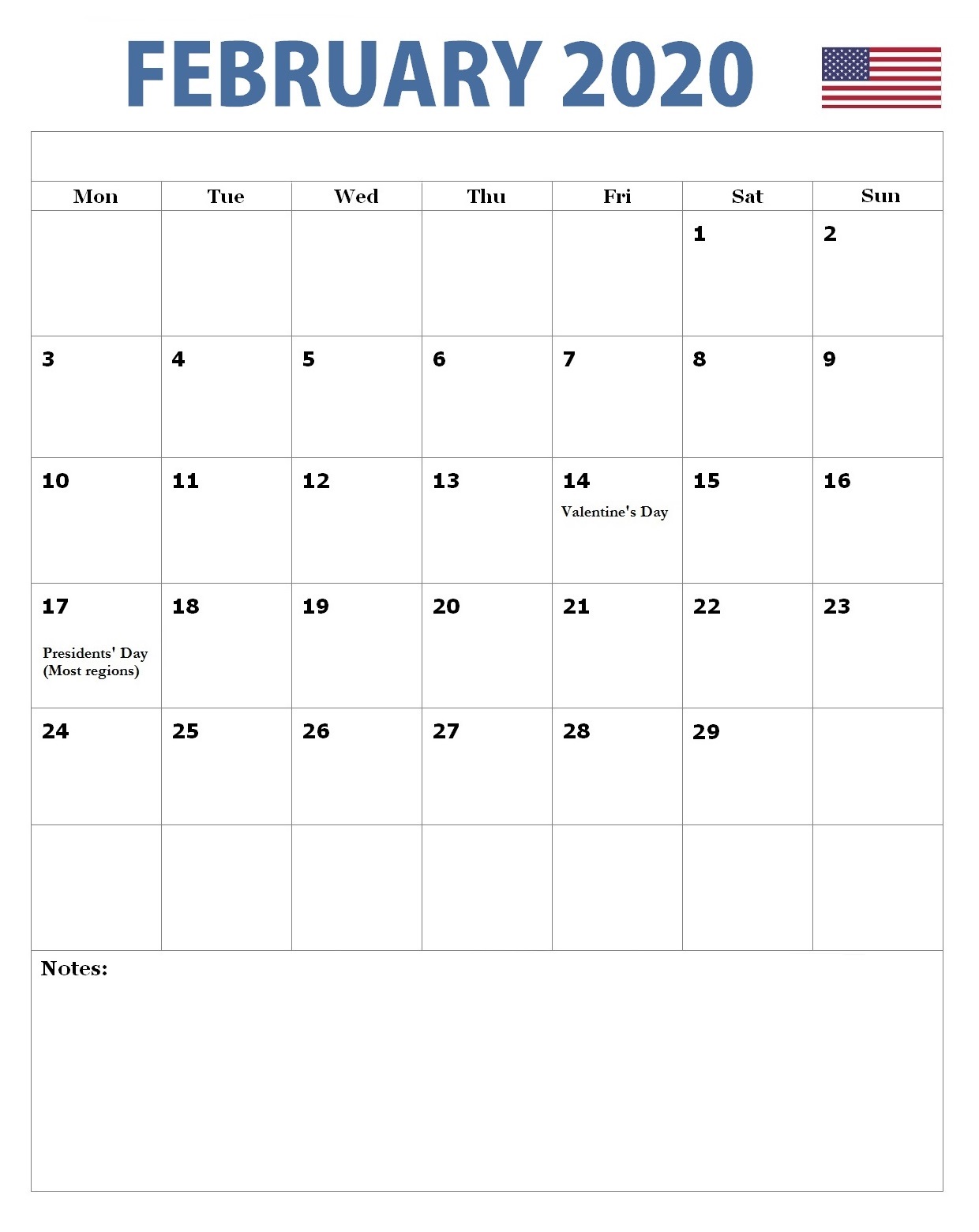 February 2020 American Holidays Calendar