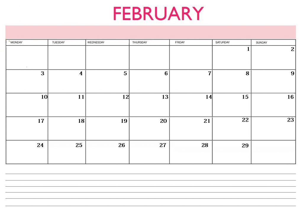 February 2020 Blank Calendar With Notes