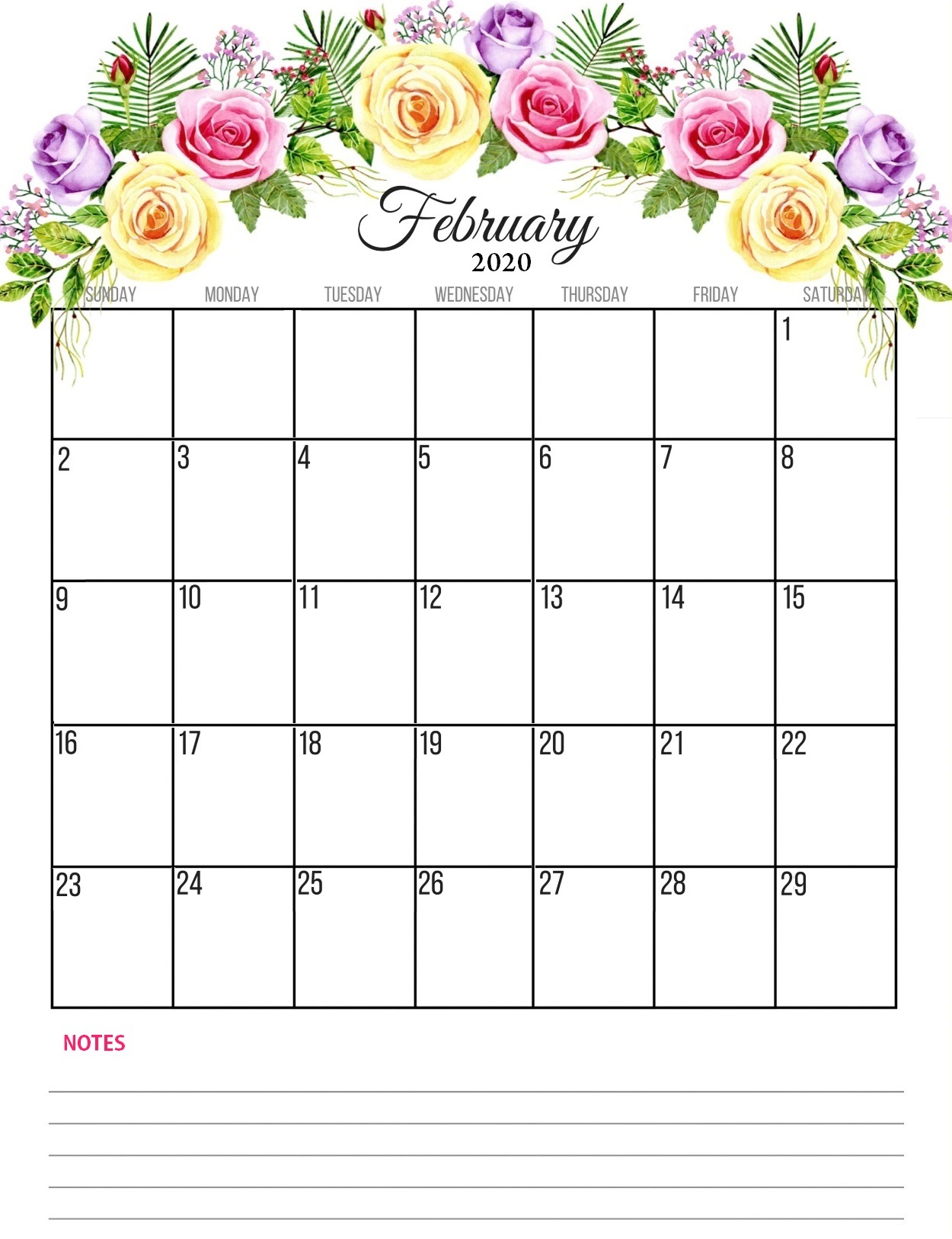 February 2020 Calendar Cute