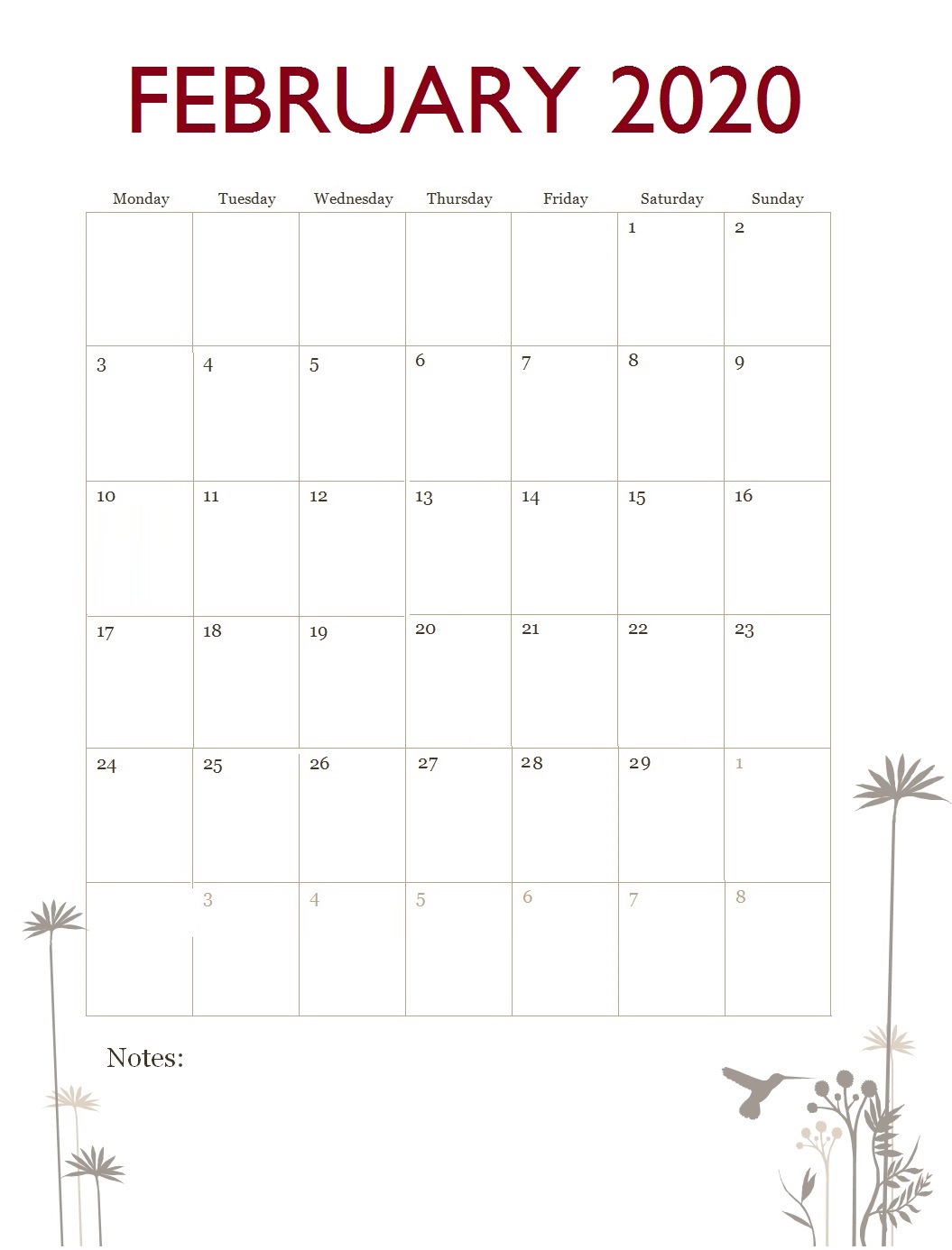 February 2020 Office Desk Calendar