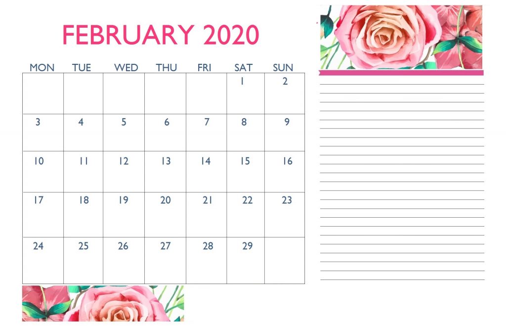 Floral February 2020 Calendar