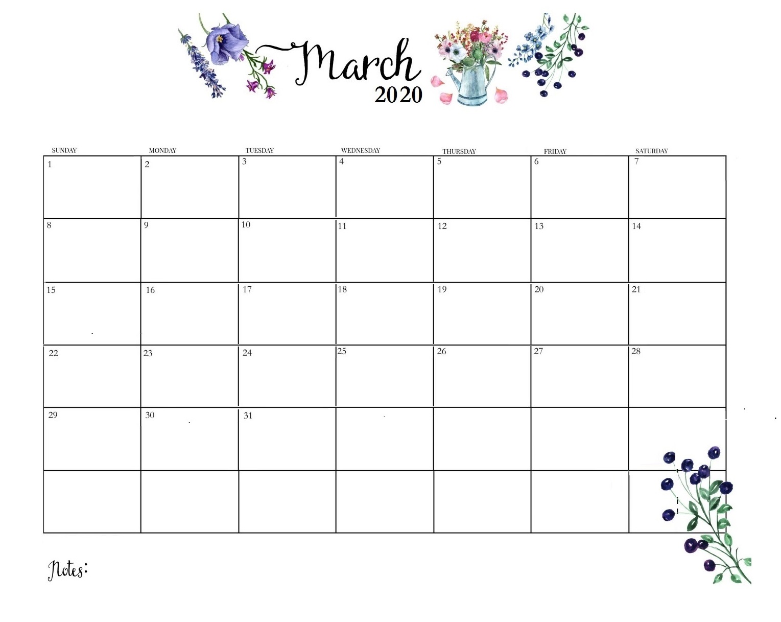 Free March 2020 Floral Calendar