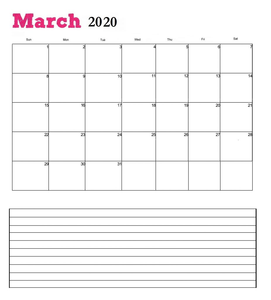 Free March 2020 Office Wall Calendar