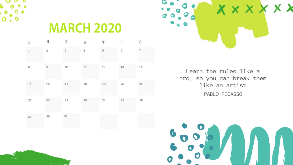 March 2020 Calendar Cute