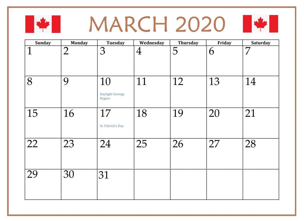March 2020 Holidays Calendar