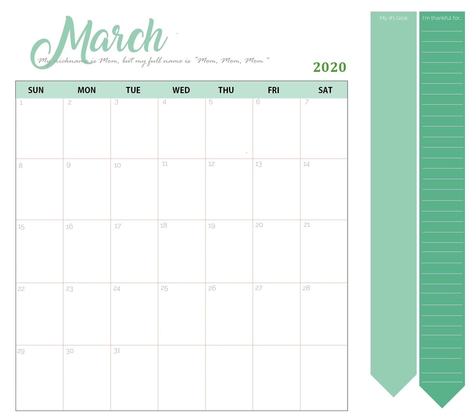 March 2020 Cute Calendar