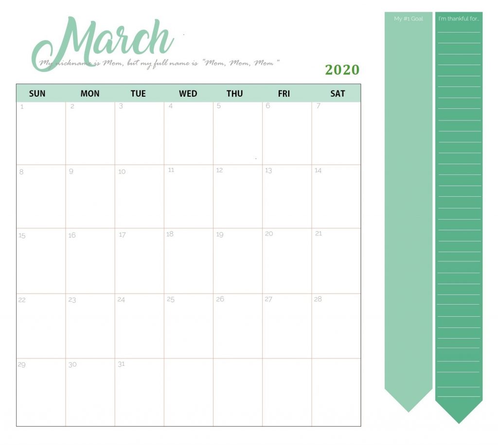 March 2020 Desk Calendar Template