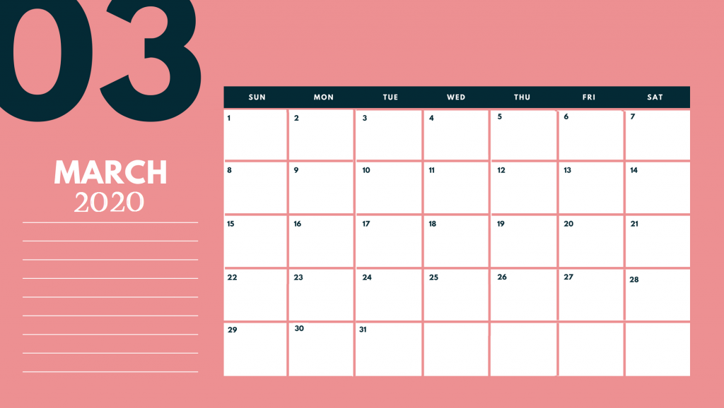 March 2020 Table Calendar Template