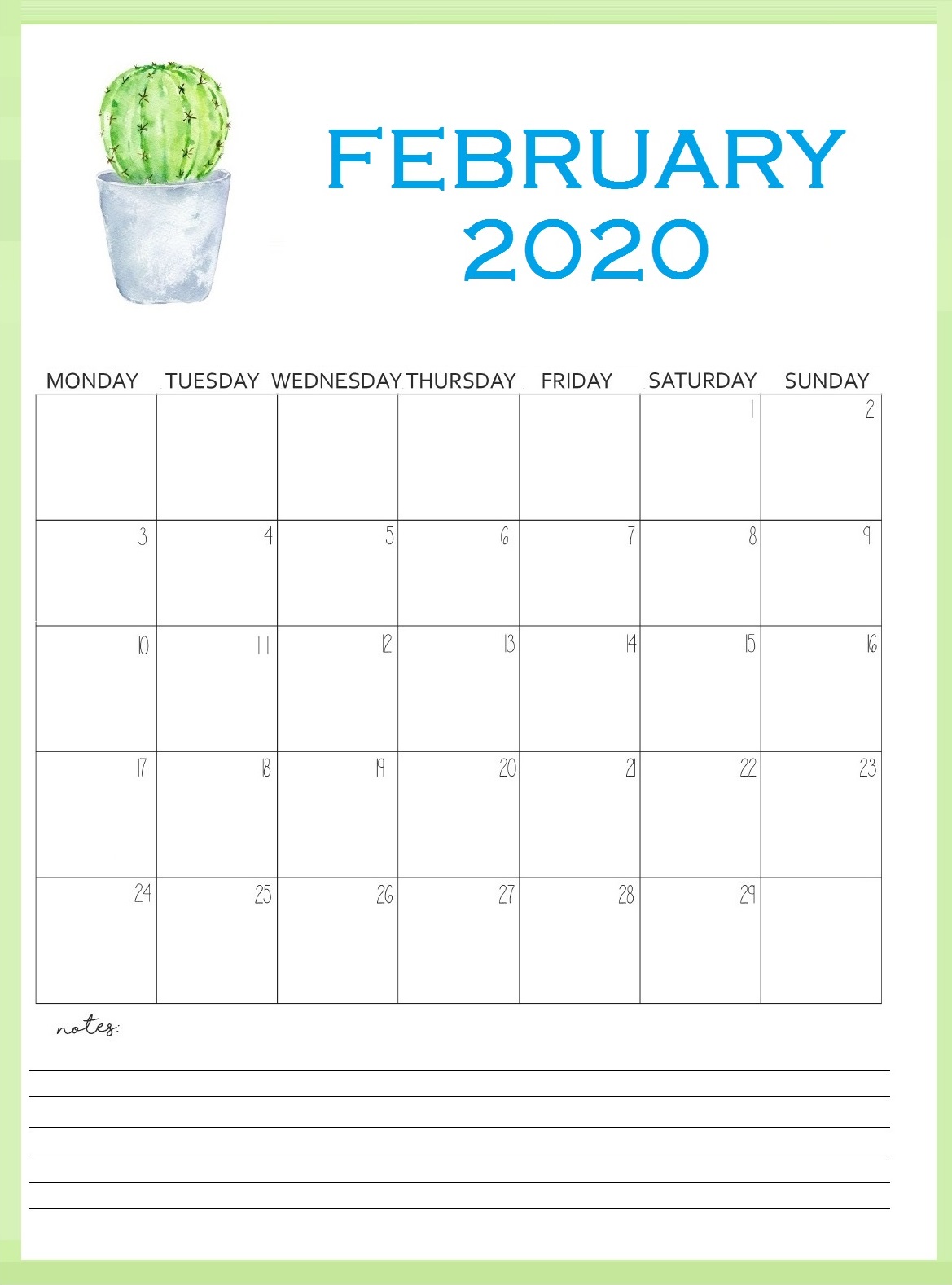 Printable February 2020 Wall Calendar