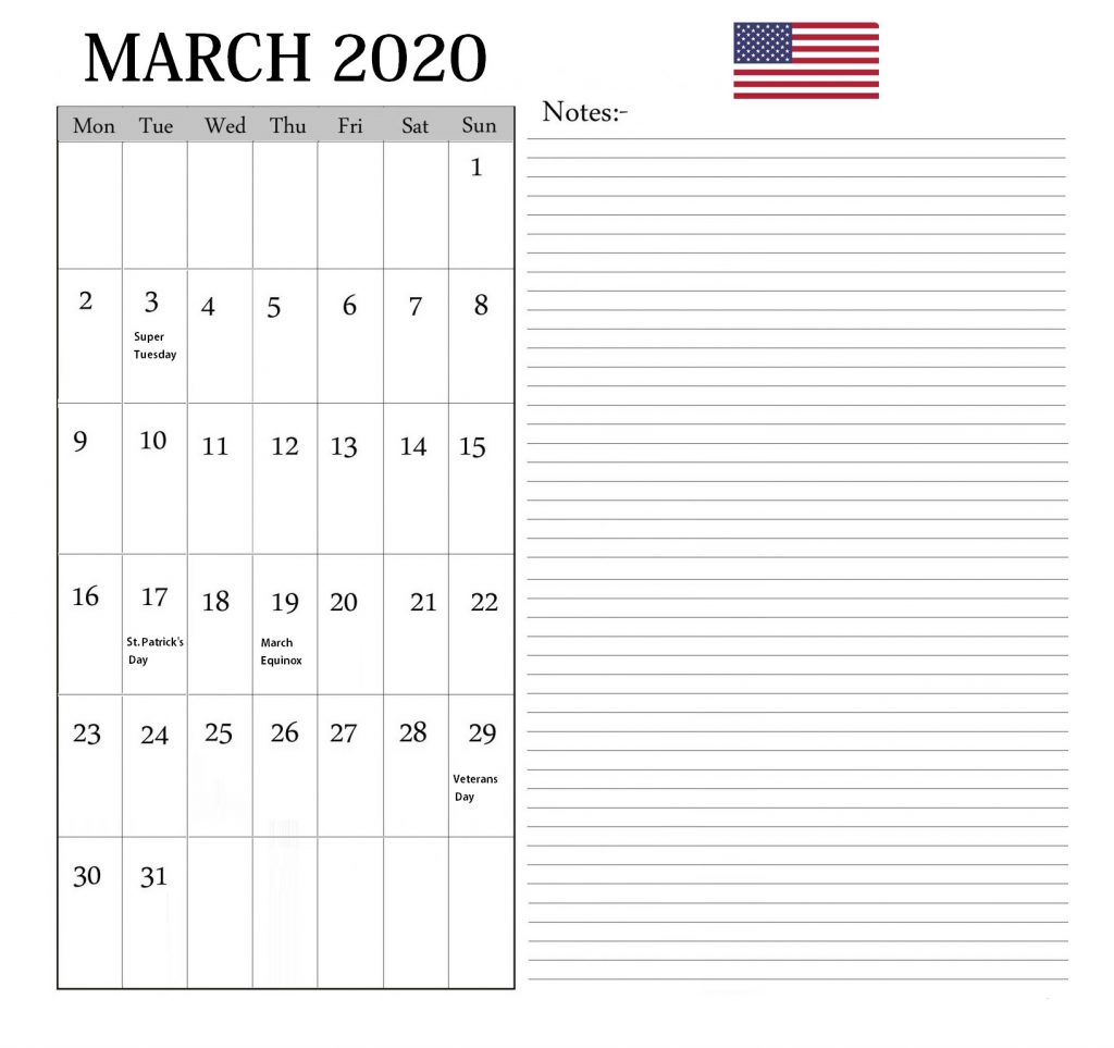 The United States March 2020 Holidays Calendar