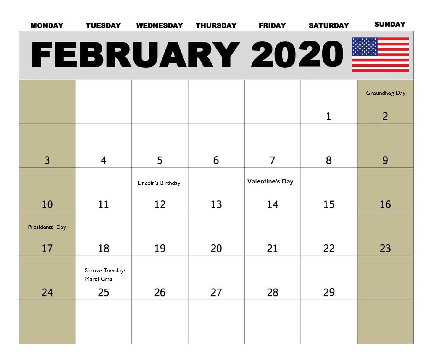 USA February 2020 Federal Holidays Calendar