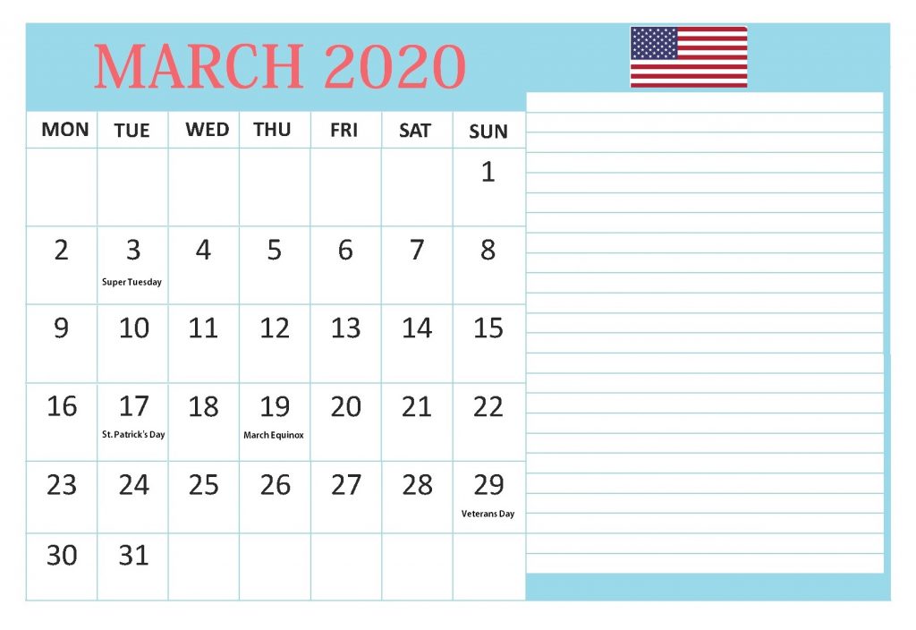 USA March 2020 Holidays Calendar