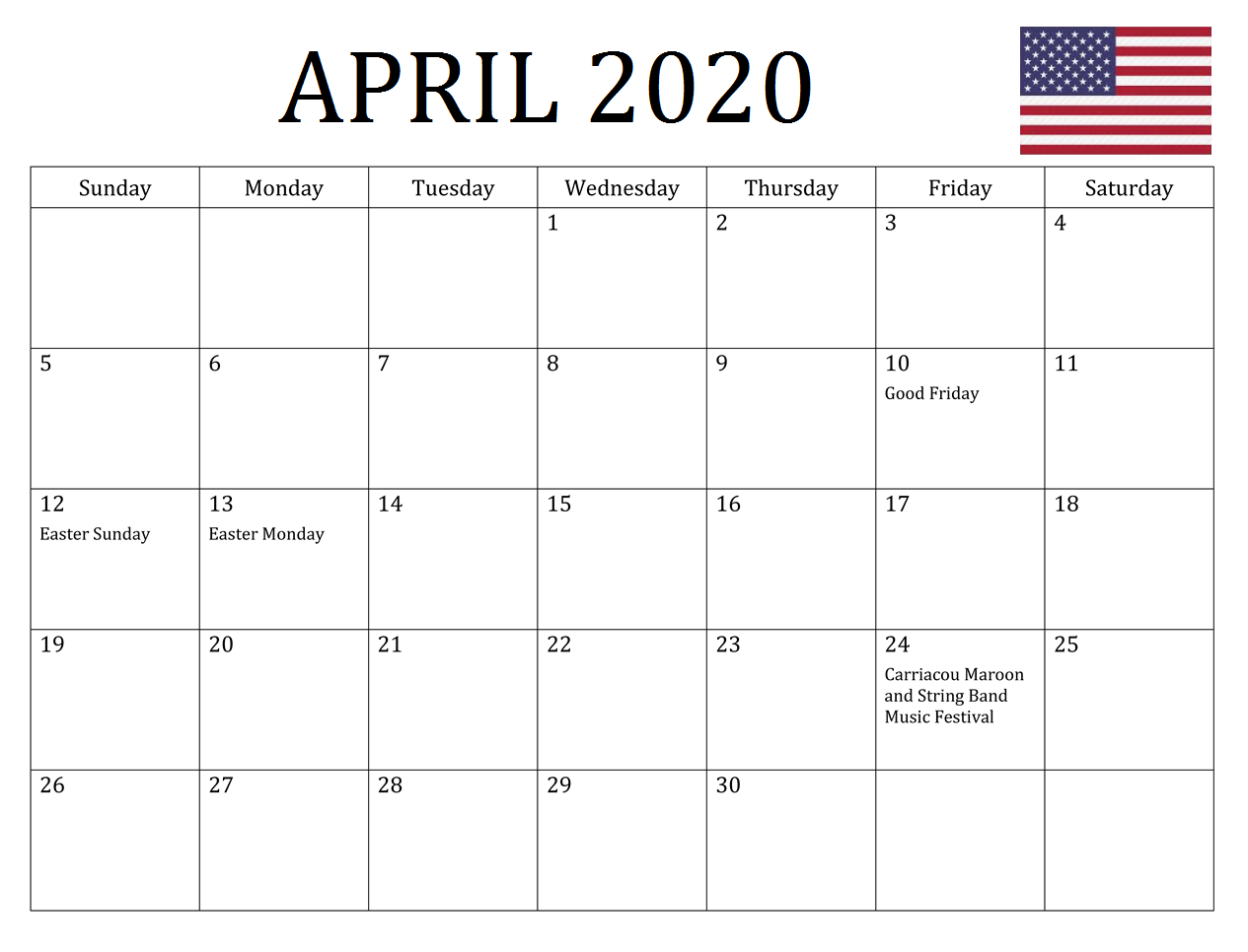 April 2020 Calendar USA