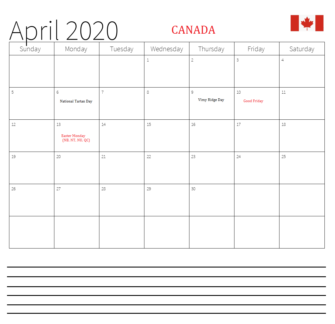 April 2020 Canada Calendar