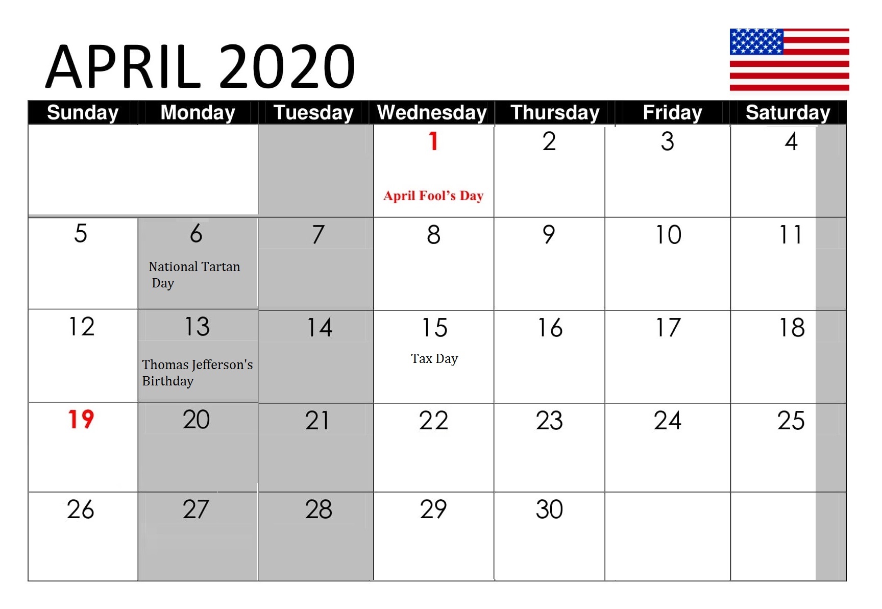 April 2020 USA Bank Holidays