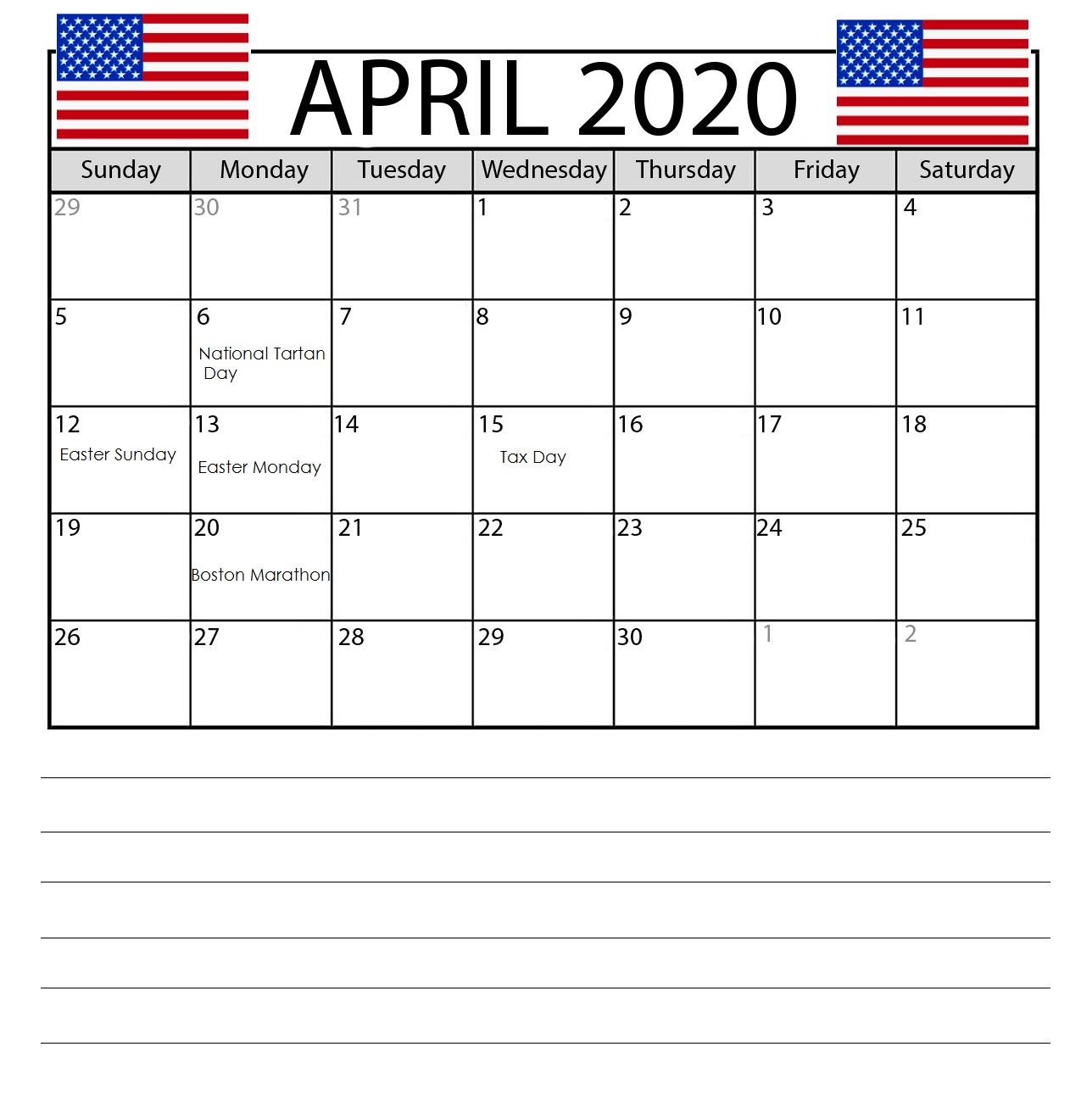 April 2020 USA Holidays Calendar