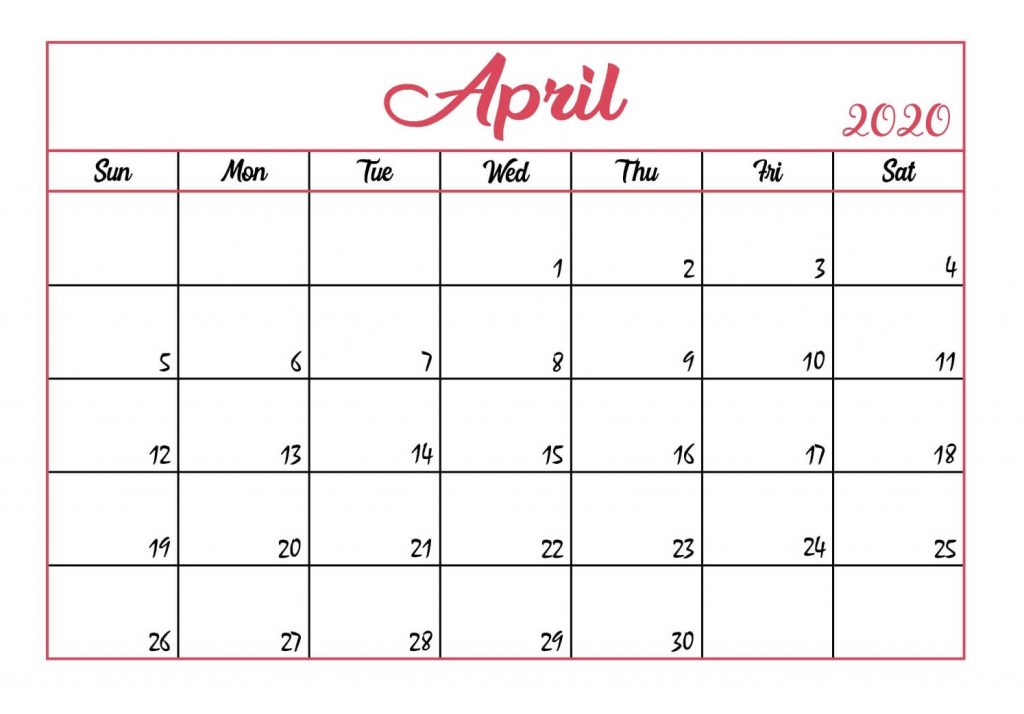Blank April 2020 Desk Calendar