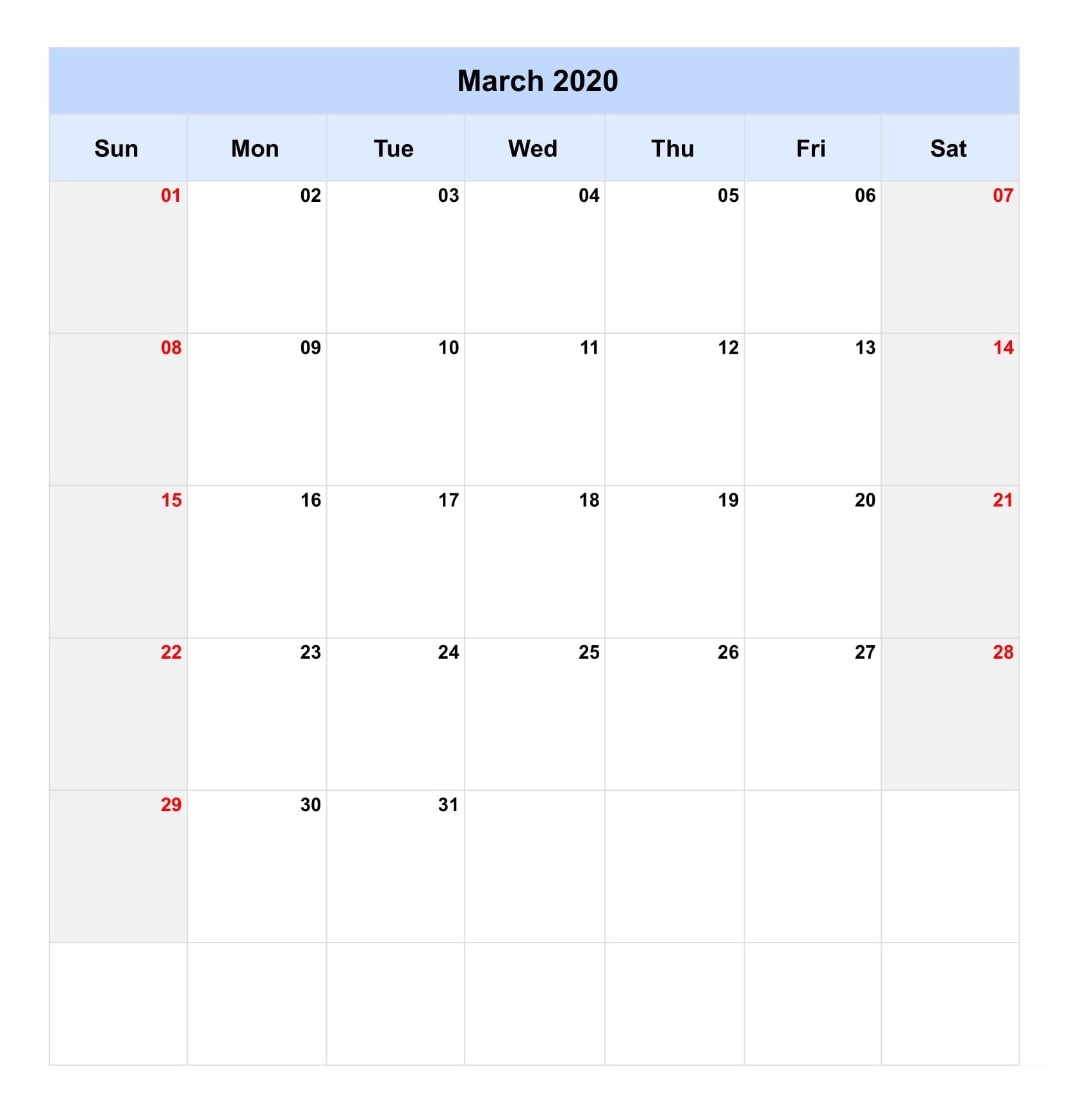 Blank March 2020 Monthly Planner
