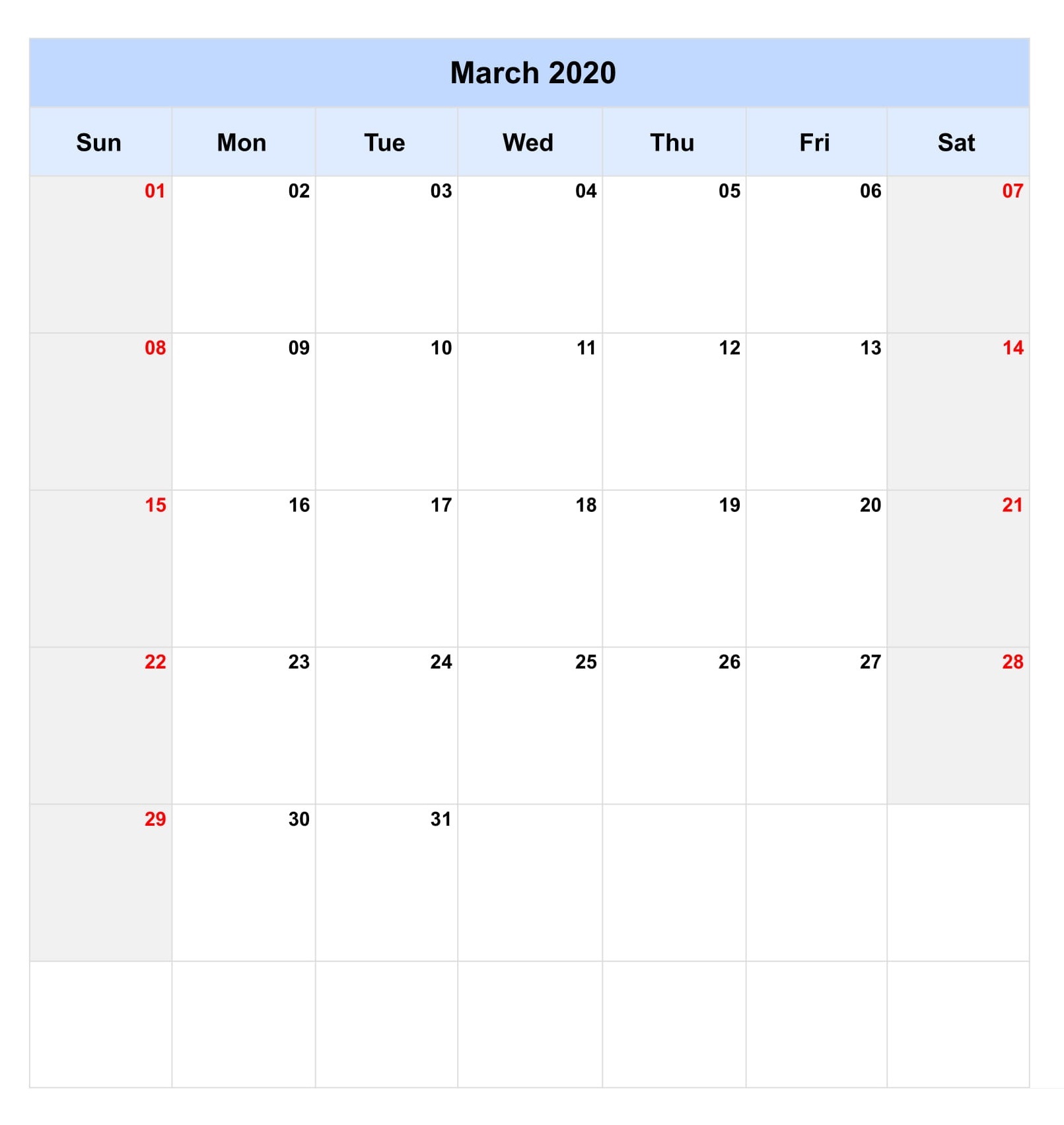 Blank March 2020 Wall Calendar