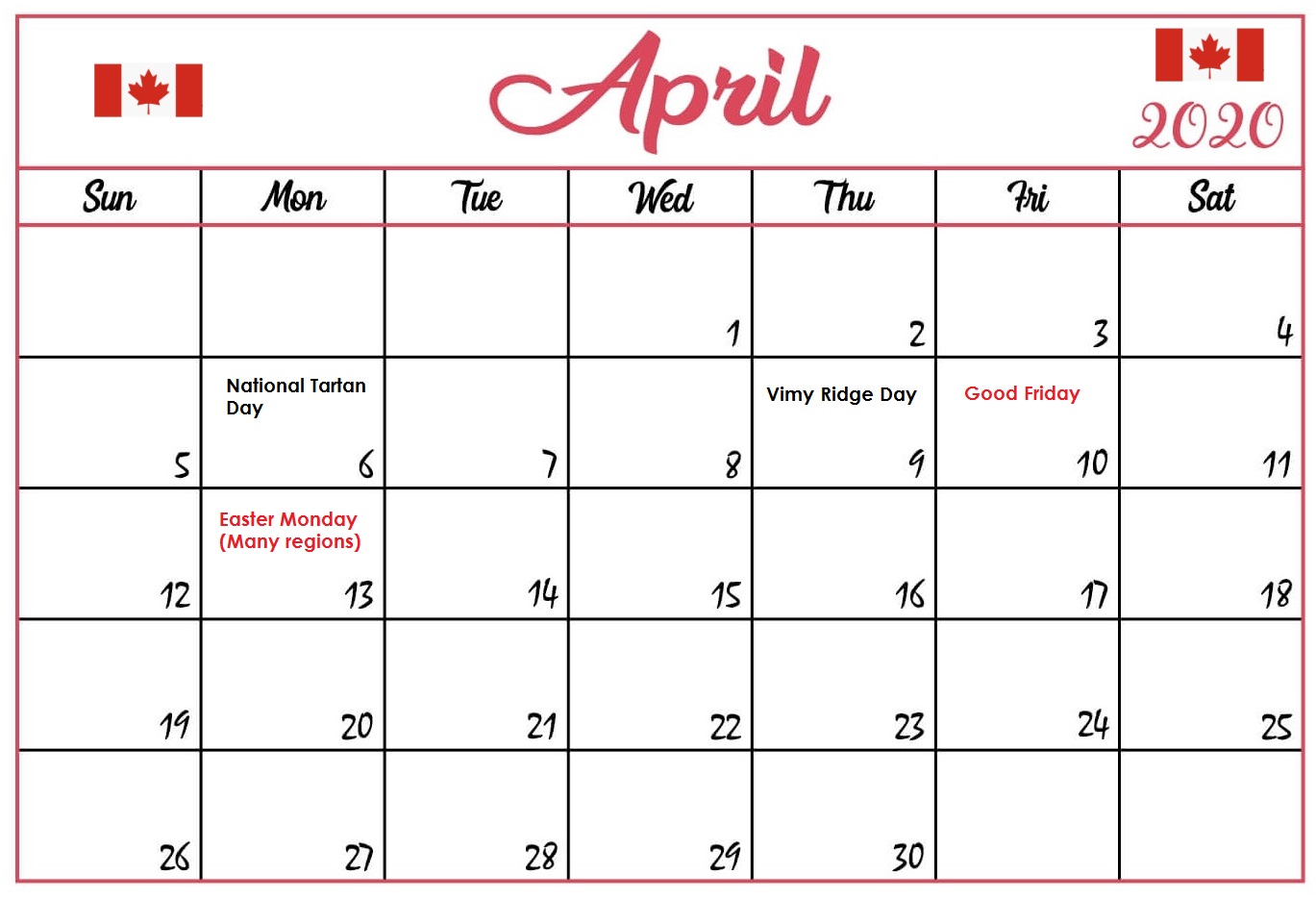 Canada April 2020 Bank Calendar